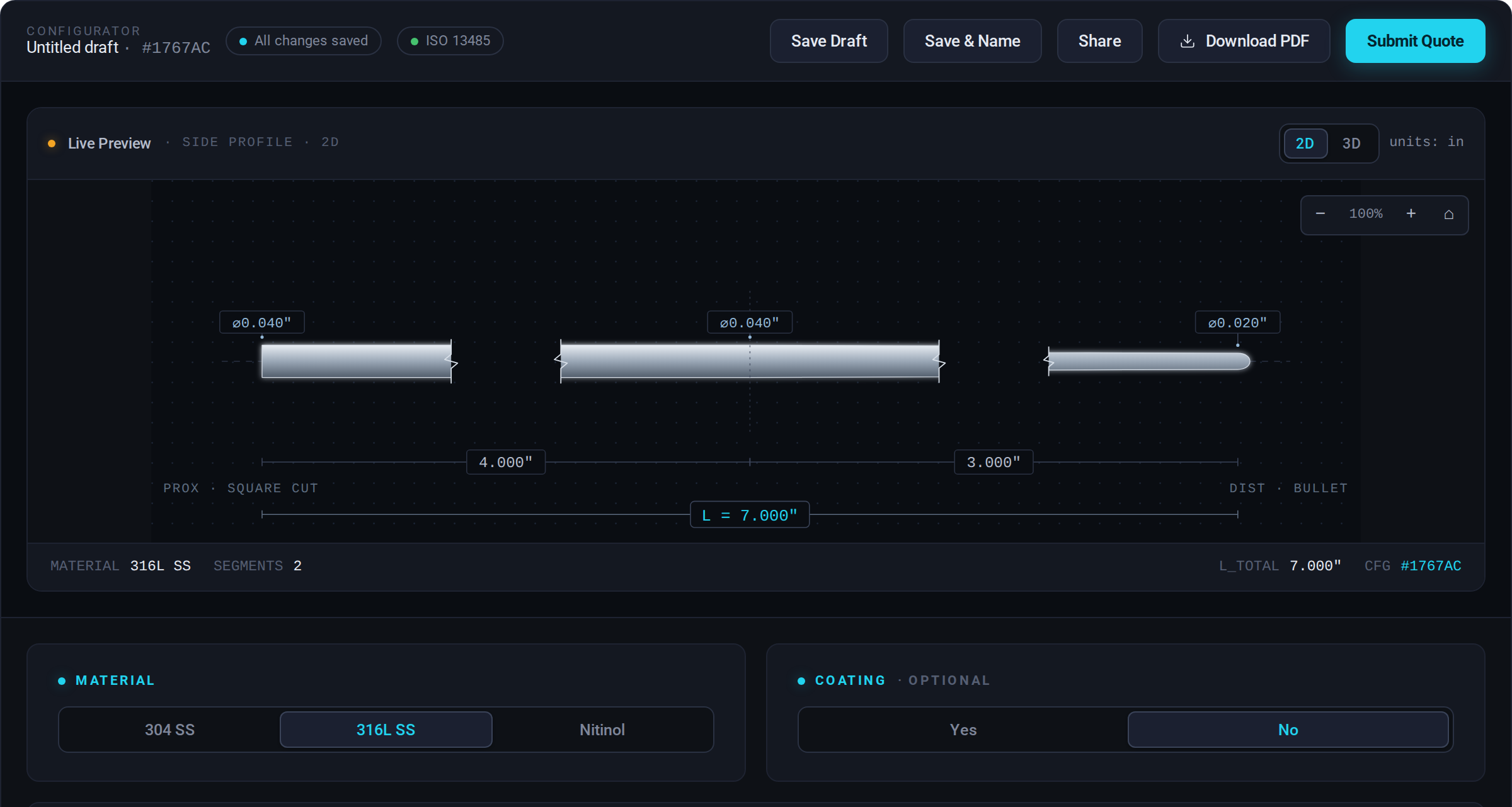 The Prototype Studio configurator, showing a part being designed with a live 2D preview alongside it